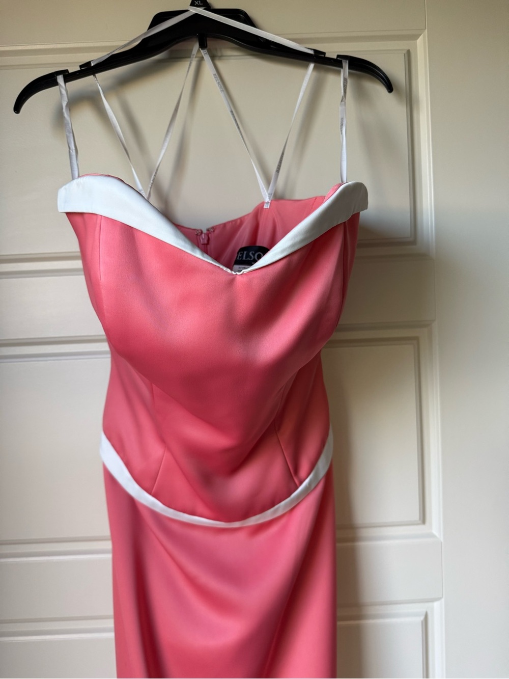 Sleeveless Coral-Pink Strapless Evening Dress with White Trim
